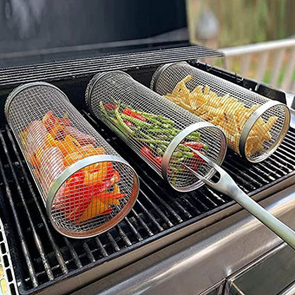 Rolling Bbq Basket- Greatest Grilling Basket Ever, Round Stainless Steel Grill Mesh, Camping Barbecue Rack For Vegetables,Fish