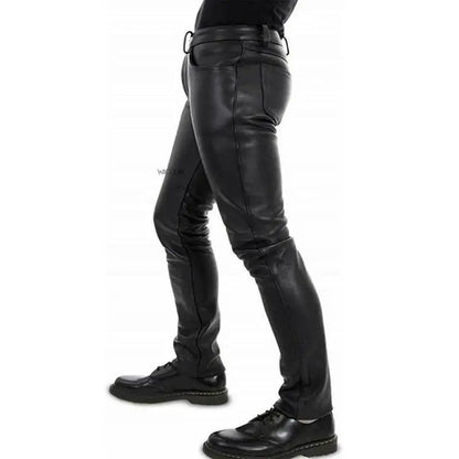 Men's Leather Pants  2022 New Solid Color PU Leather Motorcycle Pants Elastic Leisure Punk Style Slim Fit Full Length Trousers