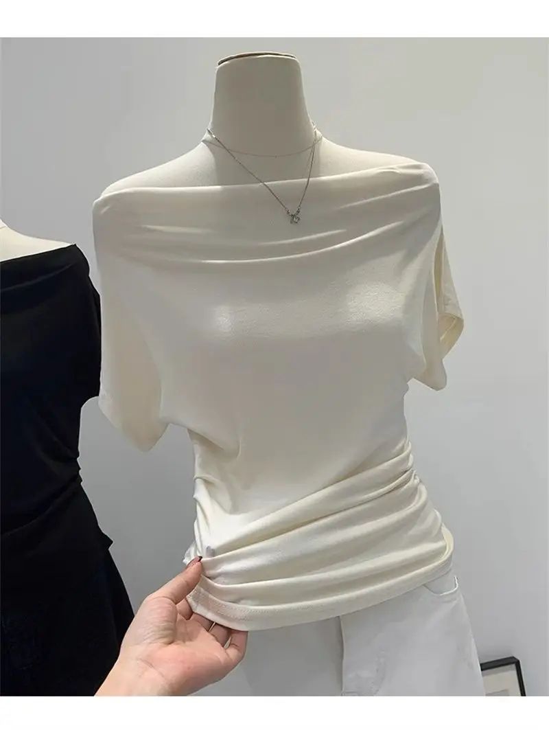 Ultra-Hand Feel Modal Cotton Short Sleeve T-Shirt Women Summer Design Slim Fit Shoulder Baring Fashionable Top