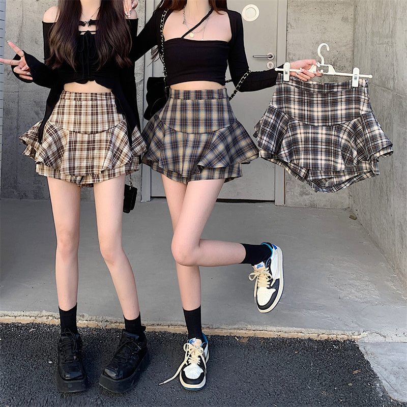 Tiered Mini Skirt Y2K High Waist Tartan Ruffled Plaid Skirt Skort Women Aesthetic Outfit