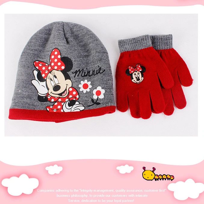 Disney Minnie Mouse Conjunto de Luvas e Gorro de Tricô Desenho Animado Infantil Doce Touca Menina Gorro Gorrinho Menina Acessórios Quentes de Inverno ao Ar Livre