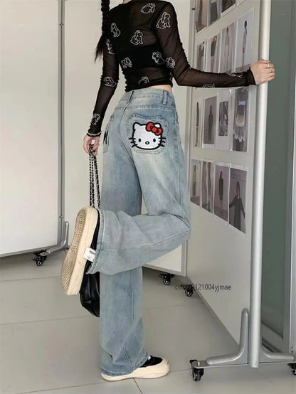 New Hello Kitty Wide Leg Pants Women's Spring Girl China-Chic Embroidery Loose Skinny Straight Leg Denim Pants Straight Trousers