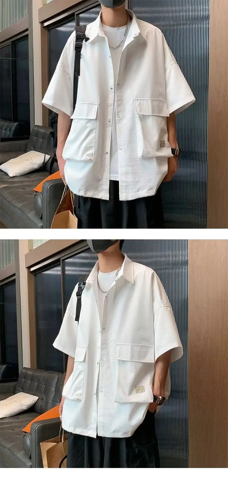 Men's Retro Large Pocket Cargo Shirt Jacket Coat Summer Loose Casual Short Sleeved Shirt For Men Y2k Japan Korea Streetwear
