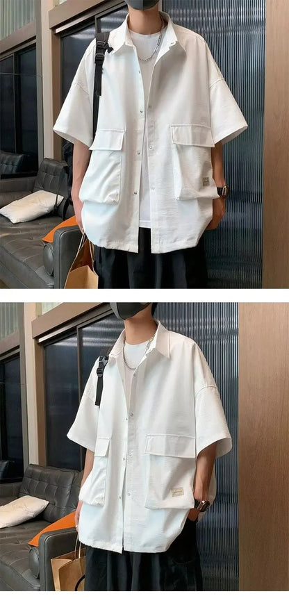 Men's Retro Large Pocket Cargo Shirt Jacket Coat Summer Loose Casual Short Sleeved Shirt For Men Y2k Japan Korea Streetwear