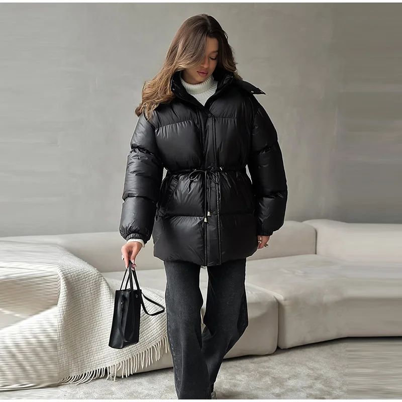 Glossy Shiny Women 's Down Jackets Vintage Hooded Zipper Puffer Full Sleeve Jackets For Woman 2025 Woman Winter Coats Outwears