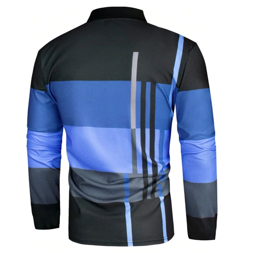 2025 autumn men's polo shirt long sleeved stand up collar patchwork printed top fashionable street casual T-shirt men's shirt