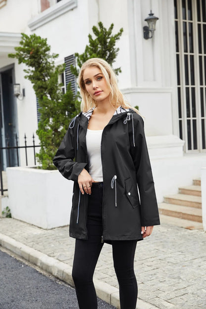 Blue Waterproof Hooded Jacket Women Fashion Casual Coat Waist Drawstring Tie Zipper Switch Red Green Yellow Black Windbreaker