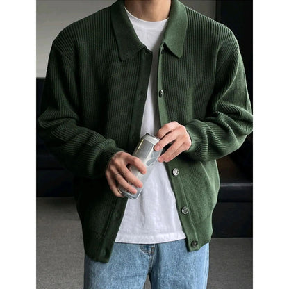 Early Autumn Casual Men's Knitted Cardigan Green Collar Open Front Sweater Trendy Korean Style Dongdaemun Fashion Streetwear
