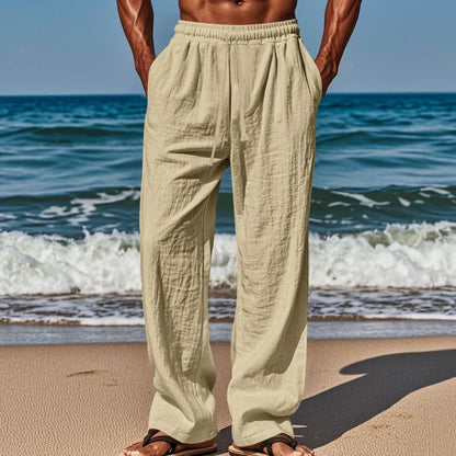 Calça Casual Masculina de Linho com Elástico na Cintura, Calça de Praia Leve com Cordão, Calça de Yoga de Verão Cor Sólida, Calça de Praia
