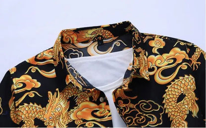 Thin Black Men's Long-sleeved Printed Shirt, Chinese Dragon Print Decoration, Blue Single-breasted Lapel Shirts,Asian Size M-7XL