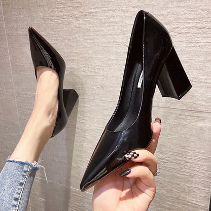 Women Shoes Patent Leather Slip-On Chunky Heels High Heels Women Temperament Pointed Toe Shallow Sexy Wedding Shoes Pumps