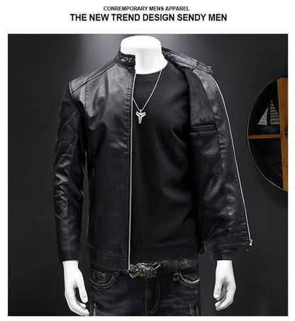 Men's Biker Leather Jacket Autumn Winter Thickened Fleece Casual Versatile Slim Fit Large Size PU Leather Coat