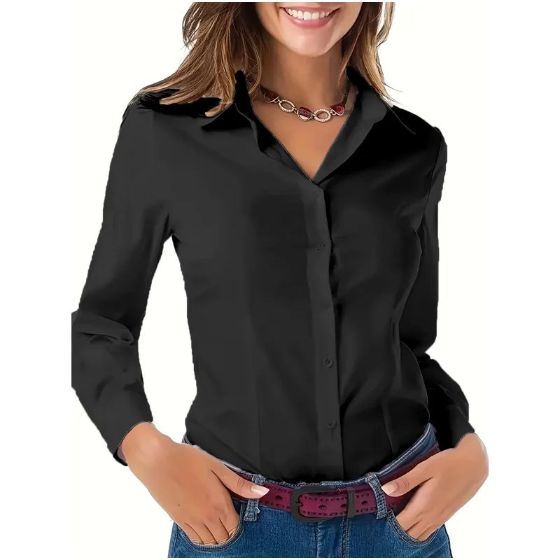 Solid Button Front Shirt, Elegant Long Sleeve Lapel Shirt for Spring Fall Fashion Women's Clothing Basic Blouses OL Womens Tops