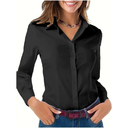 Solid Button Front Shirt, Elegant Long Sleeve Lapel Shirt for Spring Fall Fashion Women's Clothing Basic Blouses OL Womens Tops