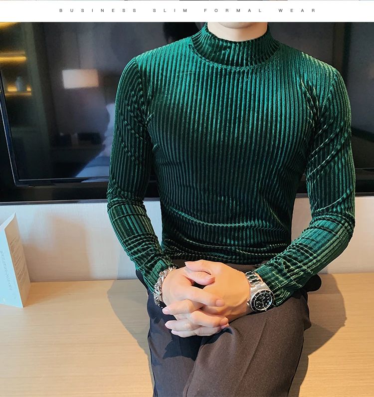 New Gold Velvet T Shirt Men Clothing Fashion Trend Male Luxury Prom Party Long-sleeved Striped Pullover Tops Homme