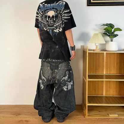 Y2K American New Trend Hip-hop Gothic Embroidered Jeans Men's Street Harajuku Leisure Loose Straight Wide-leg Pants Unisex Jeans