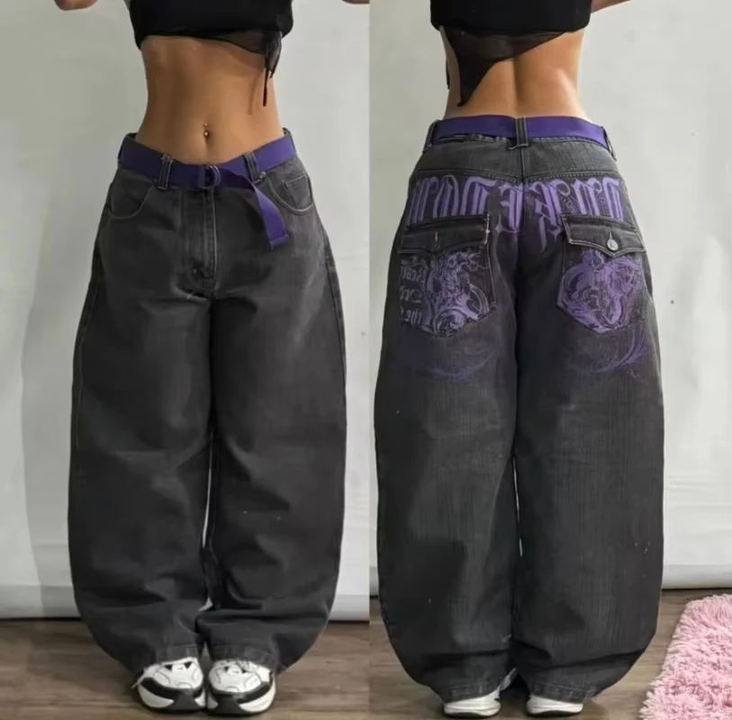 Y2K Fashion New Oversize Pocket Letter Embroidered Baggy Jeans Women High Street Vintage Hip Hop Popular Casual Wide-leg Pants