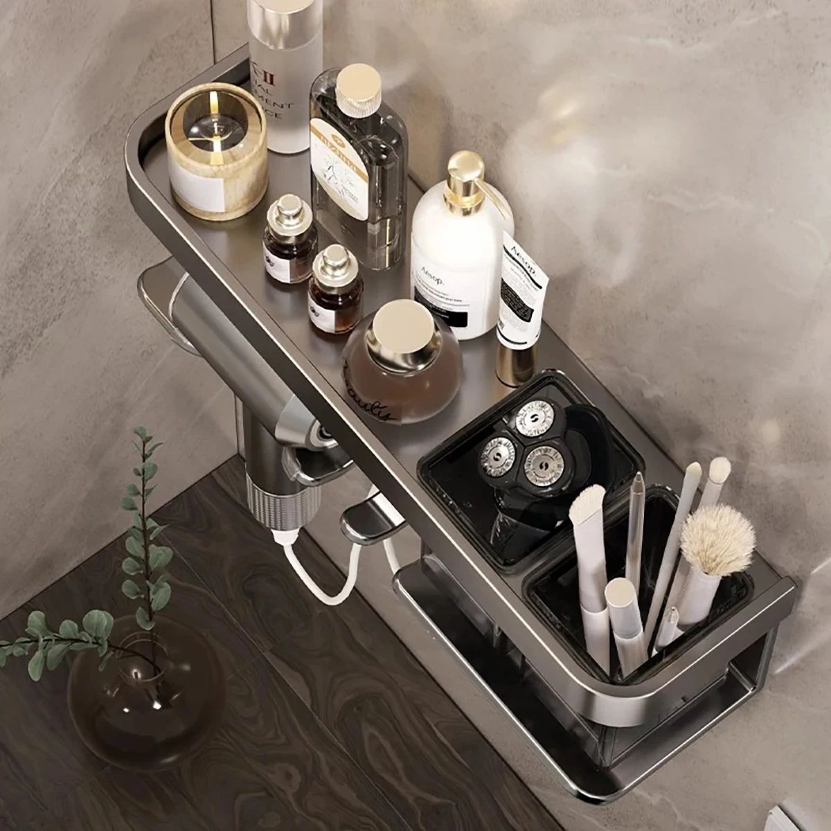 Wall Mounted Hair Dryer Holder Storage Shelf Hairdryer Rack Organizer Bathroom Accessories No-Drilling Shower Shelf Aluminum