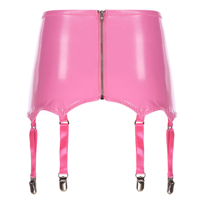 Womens Garters Latex Skirts Ladies Suspender Belt Wet Look Patent Leather Mini Skirts Garters with Metal Clips Clubwear Costume