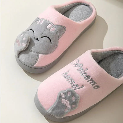 Women Winter Warm Slippers Cartoon Cat Shoes Furry Plush Slides Round Toe Flats Indoor Home Bedroom Floor Slippers Ladies Shoes