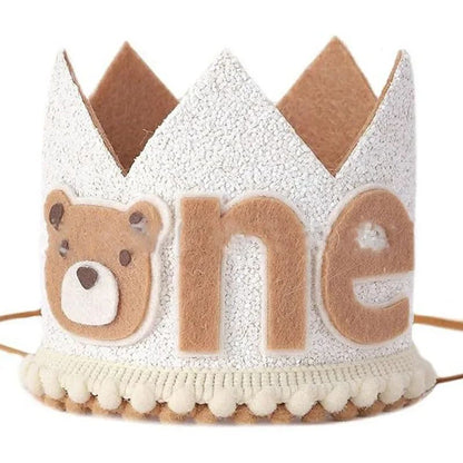 Cartoon Bear One Year Old Crown Baby Jungle Safari 1st Birthday Pink Brown Bear Crown Boy Girl First Birthday Party Decor Hat