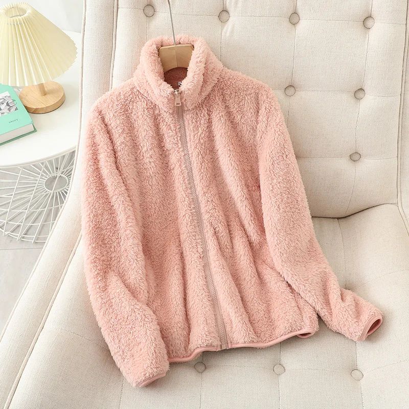 Women's Solid Color Fleece Coat Autumn Winter Warm Zipper Hoodie Loose Stand Collar Jacket Fashion Casual Elegant Ladies Clothes