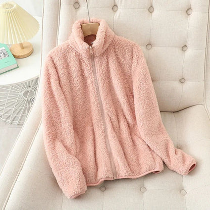 Women's Solid Color Fleece Coat Autumn Winter Warm Zipper Hoodie Loose Stand Collar Jacket Fashion Casual Elegant Ladies Clothes