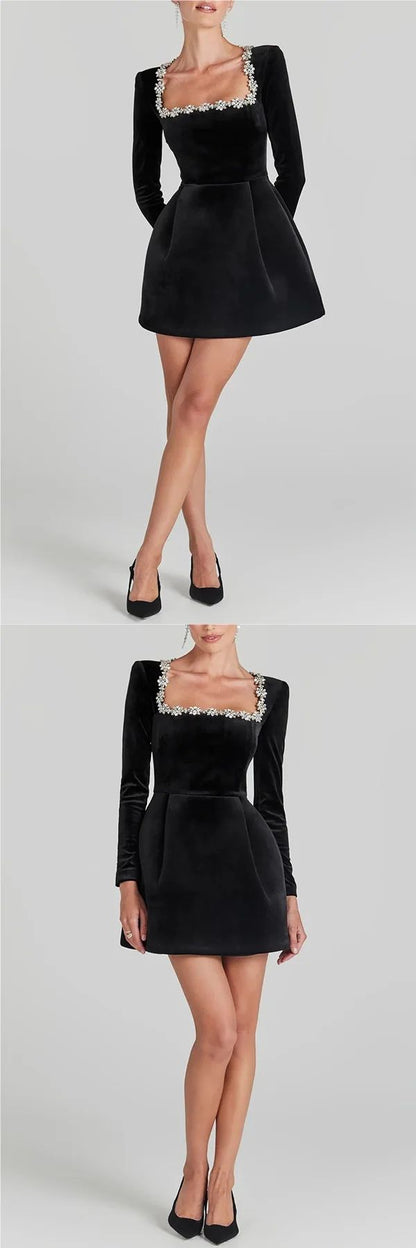 Elegant Short Velvet Dress with Diamond Embellishment Square Collar Independent Station Cross-border Spring Women's Fashion