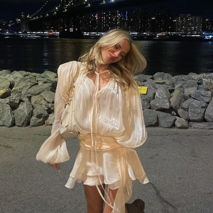 Elegant Ruffles Shiny Mini Dresses Fashion Solid Long Sleeve Lace Up V Neck Plea