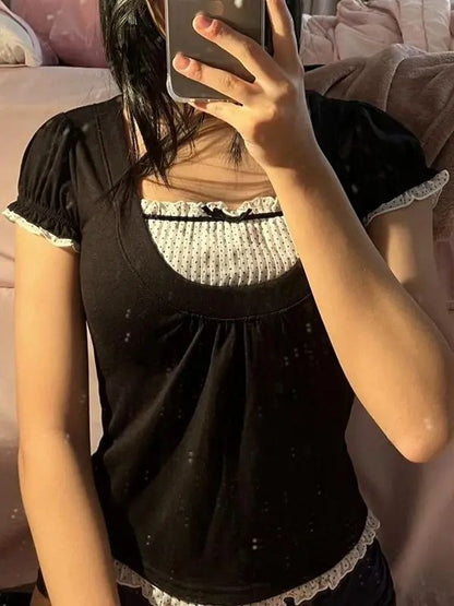 2025 New Retro Lace Tops Women y2k Gothic Sweety Shirts Short Sleeve Lace Square Neck Crop Tops and Blouses Summer Tshirt