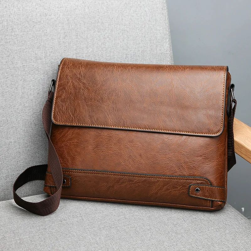 Men's Solid Color Retro Leather Shoulder Bag, Casual Business Crossbody BagS Horizontal A4 Paper Travel Bag Briefcase Laptop Bag