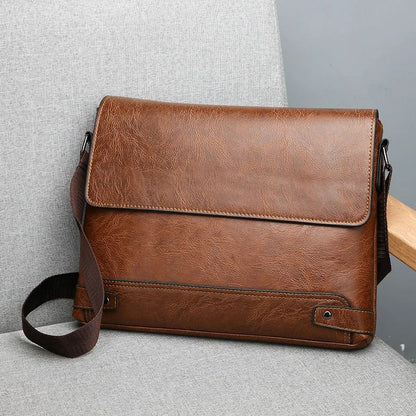 Men's Solid Color Retro Leather Shoulder Bag, Casual Business Crossbody BagS Horizontal A4 Paper Travel Bag Briefcase Laptop Bag