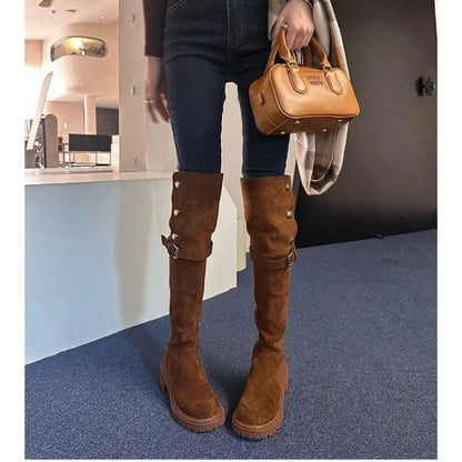 Over The Knee Cowboy Boots Women  Designer Winter Platform Shoes Fashion Fur Suede Wedges Thigh High Boots Motorcycle Shoes 2024