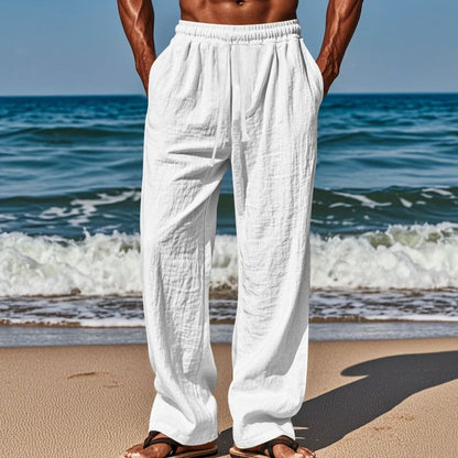 Calça Casual Masculina de Linho com Elástico na Cintura, Calça de Praia Leve com Cordão, Calça de Yoga de Verão Cor Sólida, Calça de Praia