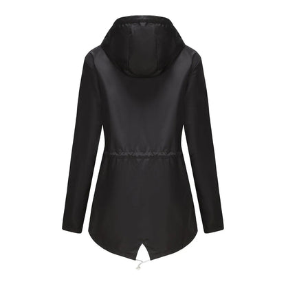 Blue Waterproof Hooded Jacket Women Fashion Casual Coat Waist Drawstring Tie Zipper Switch Red Green Yellow Black Windbreaker