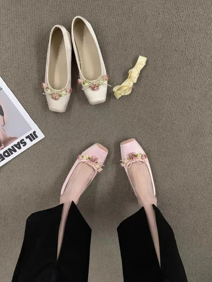 Women Flats Bow Marie Janes Shoes  New Lolita Dress Square Toe Shoes Designer Walking Sandals Female Elegant Zapatos