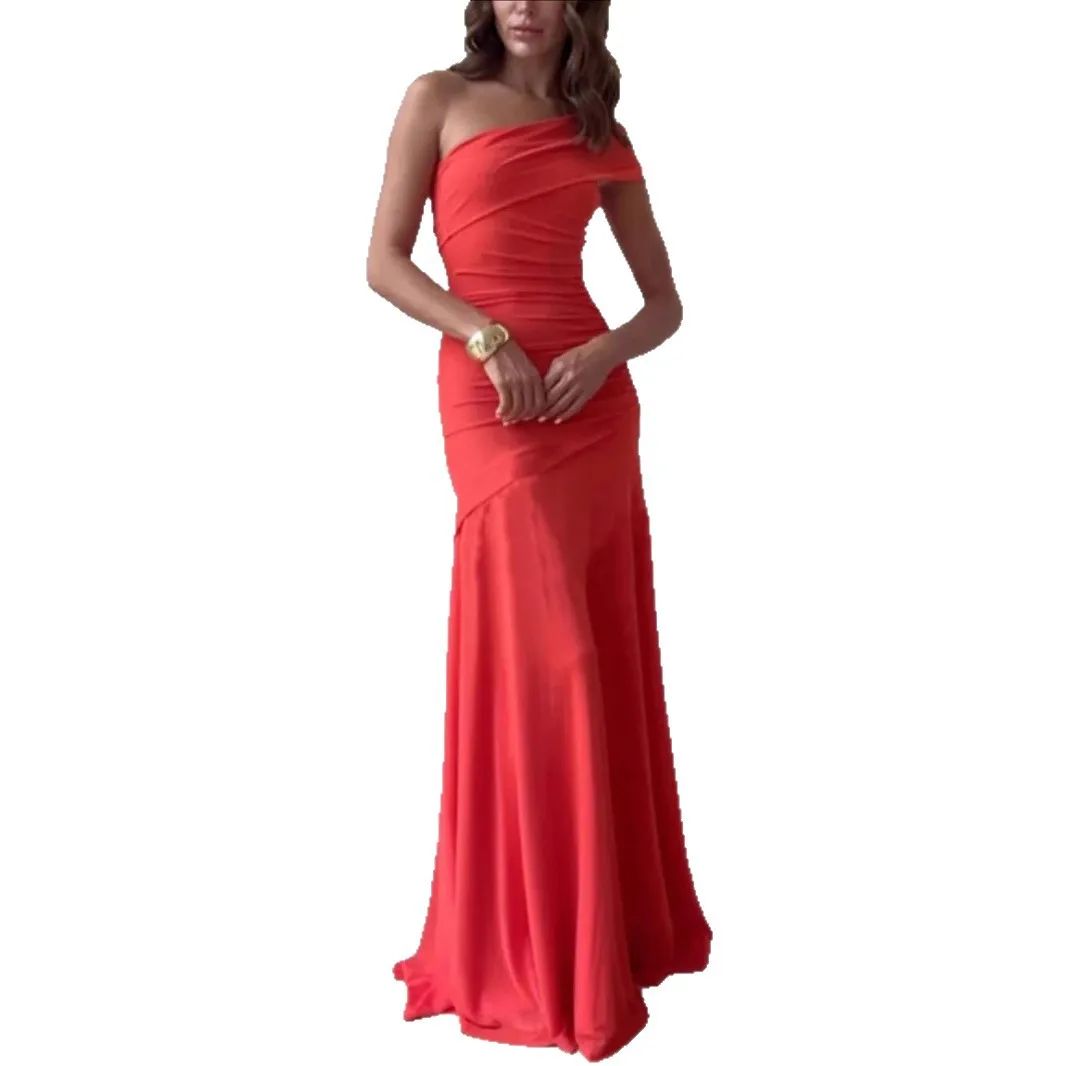 Pure Color Asymmetrical Collar Bared Back Bodycon Dress Cross-Border 2025 Women's Fashion Sleeveless Long Evening Gown