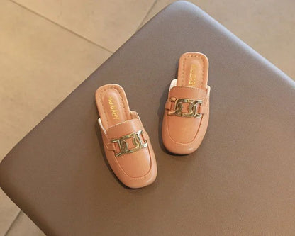 Children Sandals for Girls 2024 Summer New Girls Covered Toes Flat Leather Slippers Casual Lazy Metal Korean Kids Fashion Flats