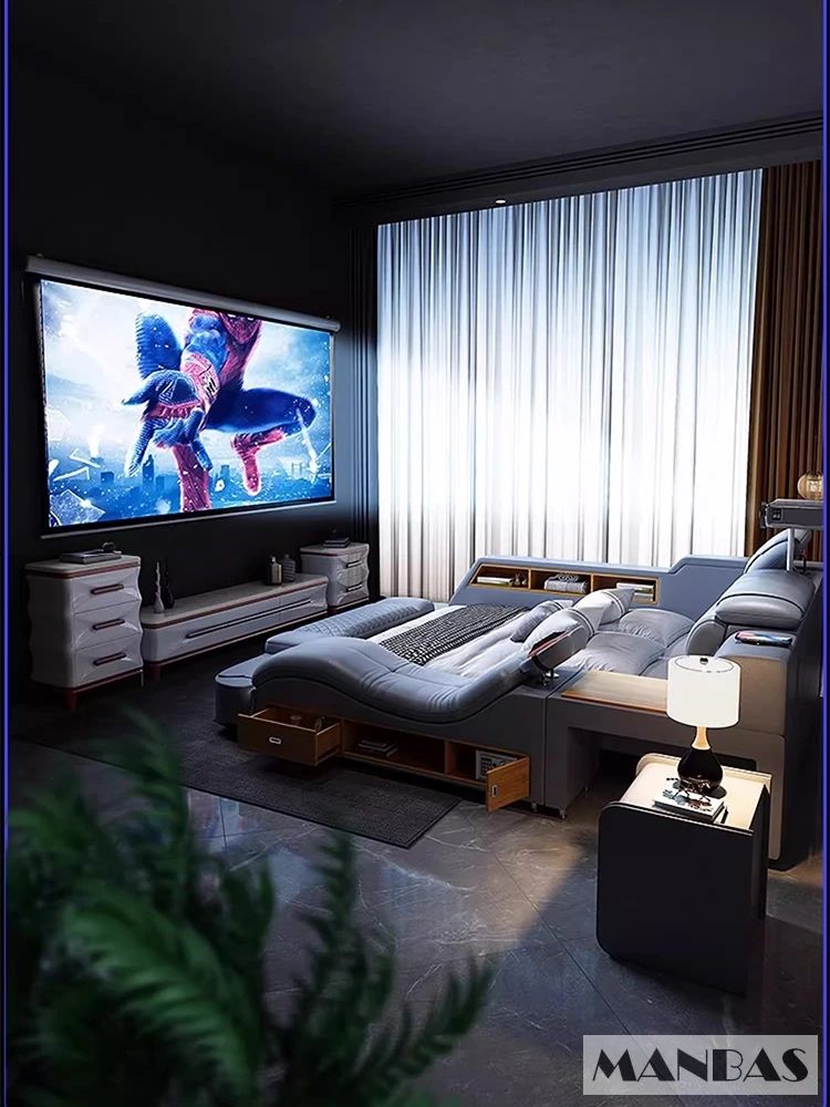 MANBAS Luxury King Size Genuine Leather Bed / Tech Smart Bed / Multifunctional Ultimate Beds / Massage Bed with USB,Projecter