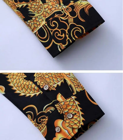 Thin Black Men's Long-sleeved Printed Shirt, Chinese Dragon Print Decoration, Blue Single-breasted Lapel Shirts,Asian Size M-7XL