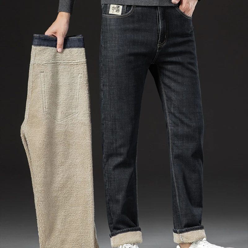 2025 New Classic  Men's Business Casual Velvet Jeans Winter Chinese Embroidery Straight Loose Warm Thick Pants
