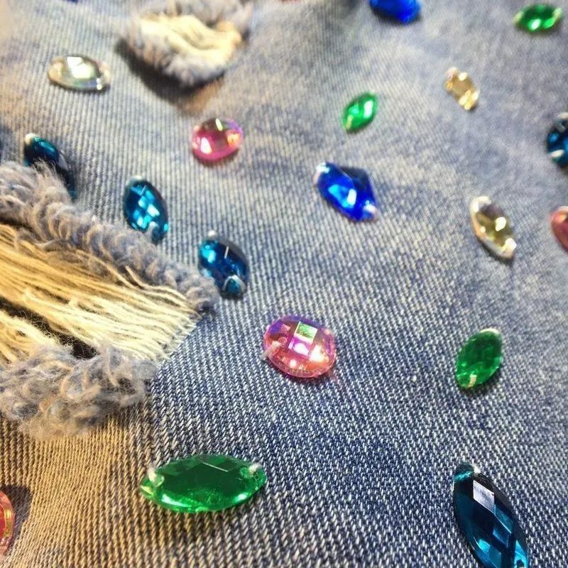 2025 Summer Short Pants High Waist Jeans Hole Shorts Women Stretch Distressed Washed Diamonds Streetwear Straight Denims