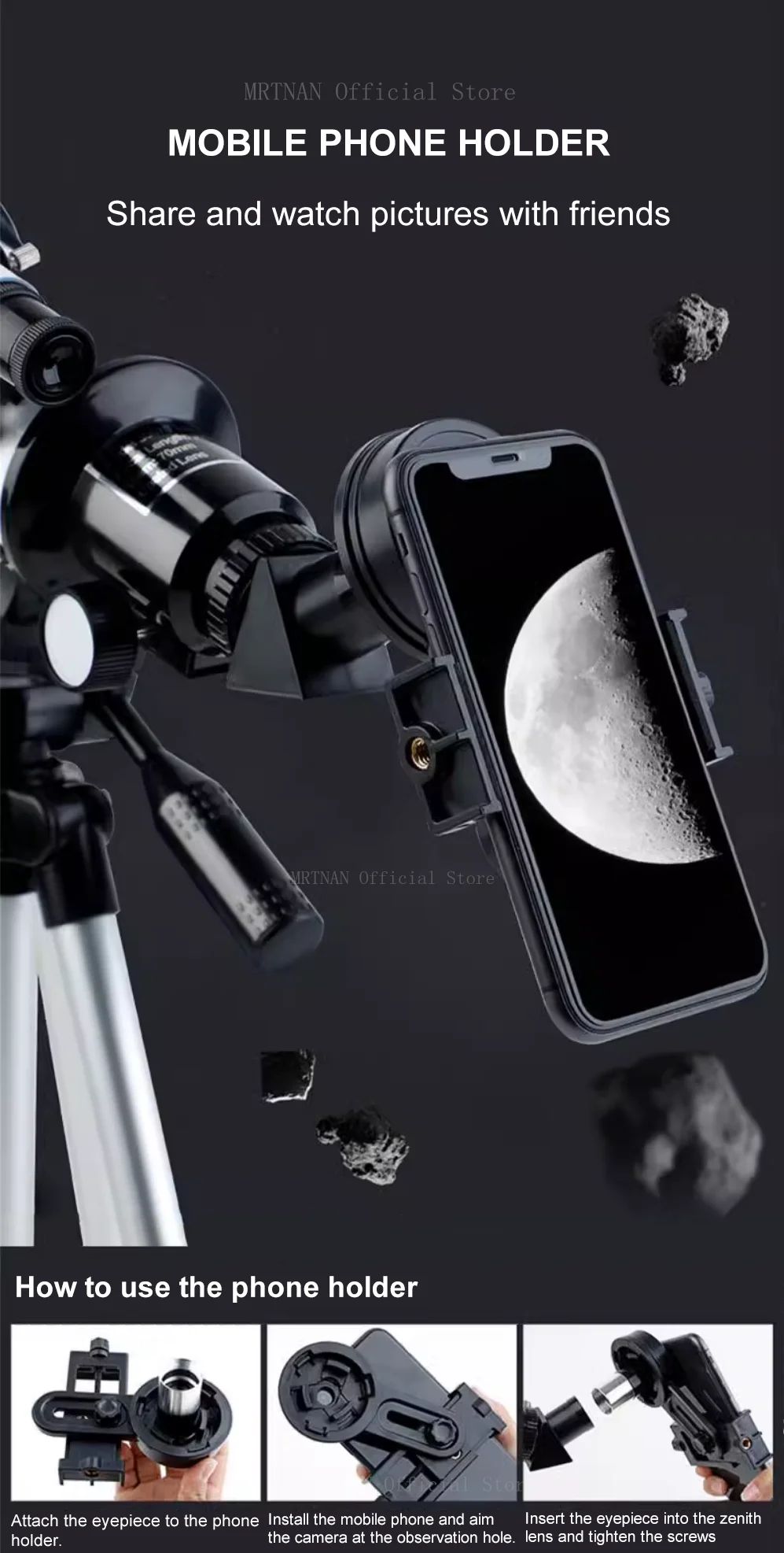 Telescópio Astronômico de Alta Definição e Alta Ampliação, Espelho de Busca de Estrelas Profissional, Suporte Longo com Suporte para Celular