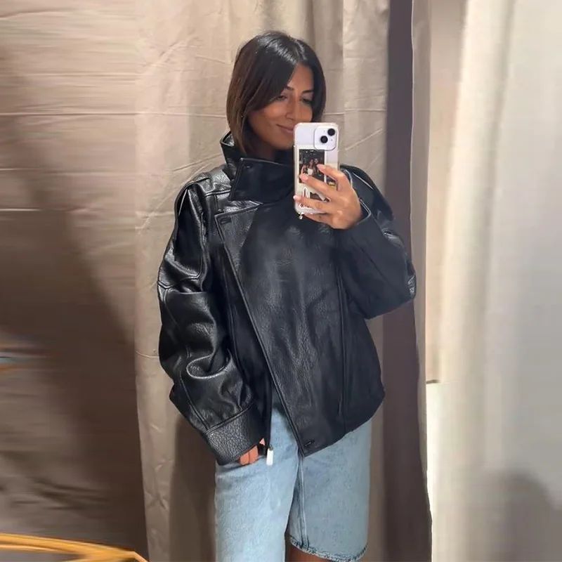 Vintage PU Leather Bomber Jackets 2025 Autumn New Ladies Zipper Lapel Long Sleeve Pocket Coat With Belt Women's Loose Streetwear