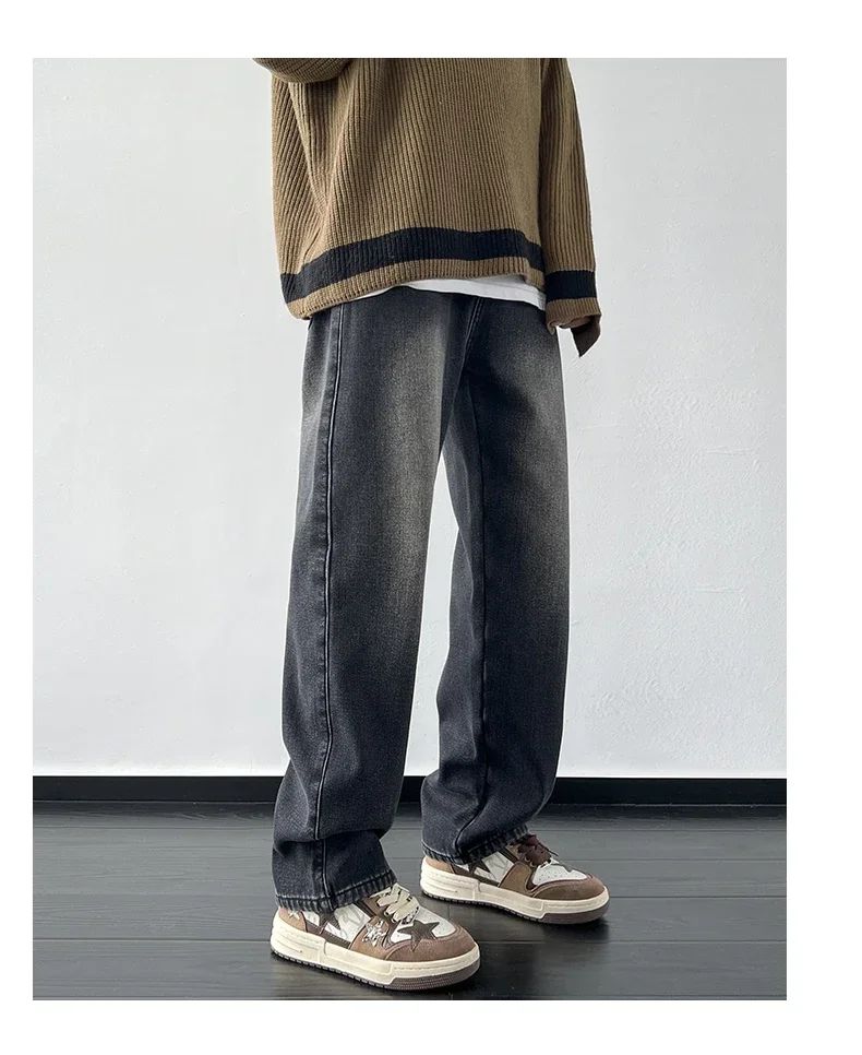 4 Colors Winter Fleece Men's Jeans Baggy Straight Elastic Waist Denim Pants Fashion Korean Thickened Warm Male Thermal Trousers