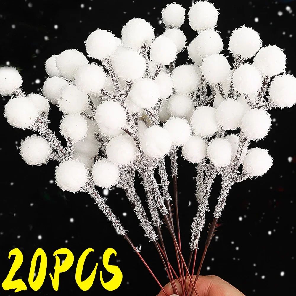 5/50pcs Christmas Snow Tipped Berry Branches Artificial White Berries Fake Flower DIY Wreath Xmas Tree Wedding Party Decoration