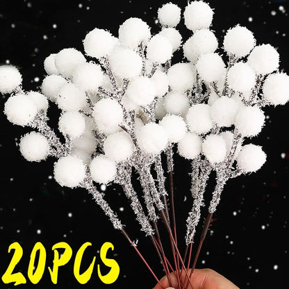 5/50pcs Christmas Snow Tipped Berry Branches Artificial White Berries Fake Flower DIY Wreath Xmas Tree Wedding Party Decoration