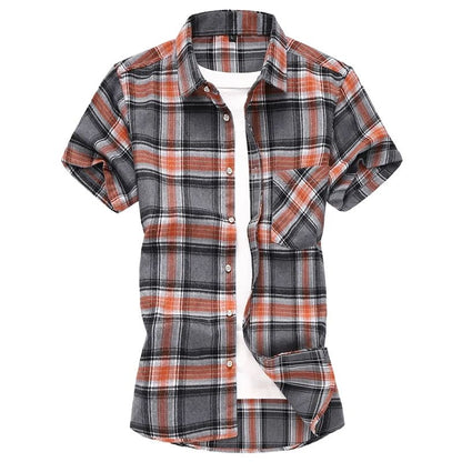 2025 new red summer men's shirts short-sleeved plaid fat big yards youth casual shirt.
