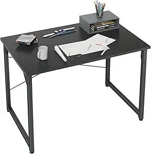 Contemporary Home Office Writing Desk, 40-inch Study Table with Sleek Black Metal Frame
