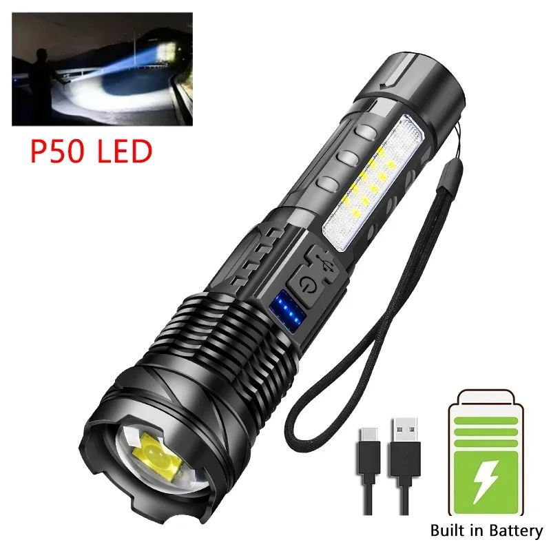 Powerful XHP50 LED Flashlight Waterproof Torch With Side Light 7 Modes Camping Fishing Lantern Type C Rechargeable Zoom Lamp